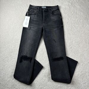 BOYISH Zachary Jeans Women's 24‎ High-Rise Skinny Crop Black Distressed Stretch